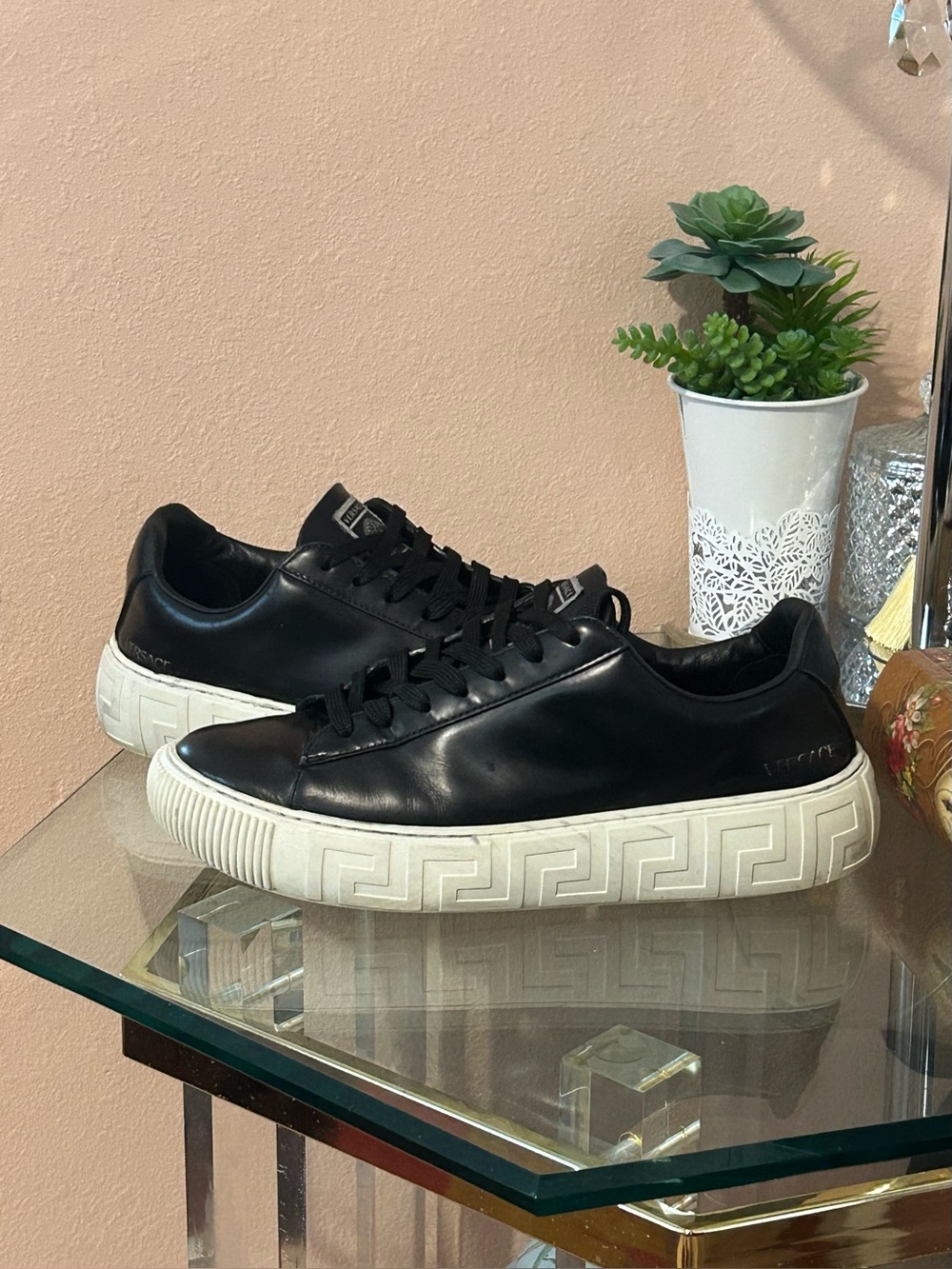 Versace Black Leather Low-Top Sneakers with White Geometric Sole